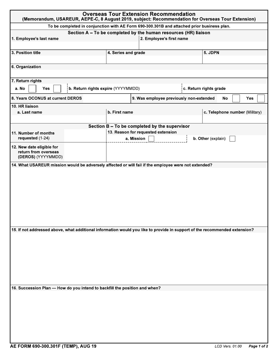 AE Form 690-300.301F (TEMP) Overseas Tour Extension Recommendation, Page 1