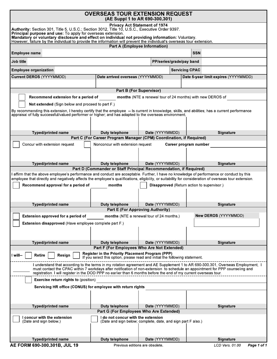 AE Form 690-300.301B Overseas Tour Extension Request, Page 1