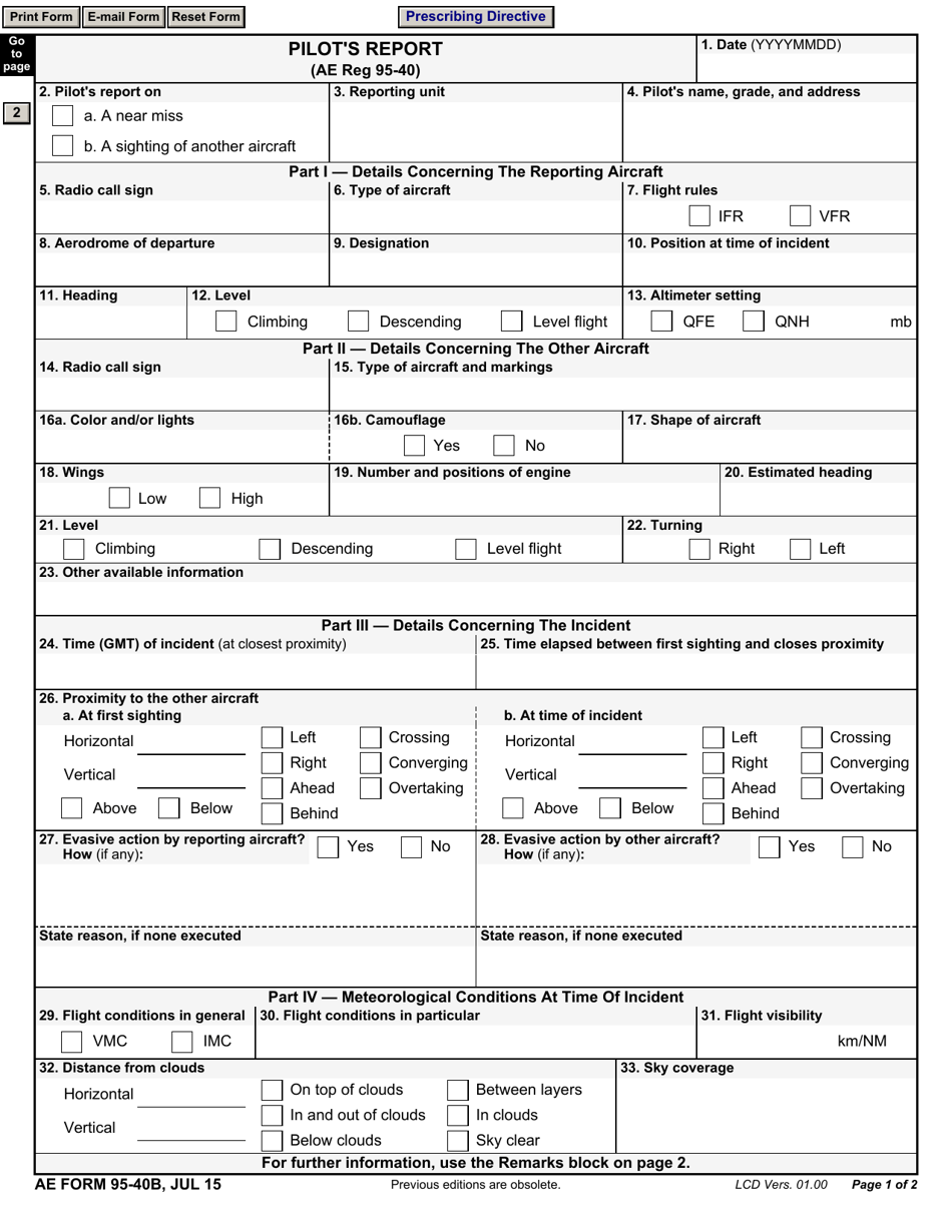 AE Form 95-40B Pilots Report, Page 1