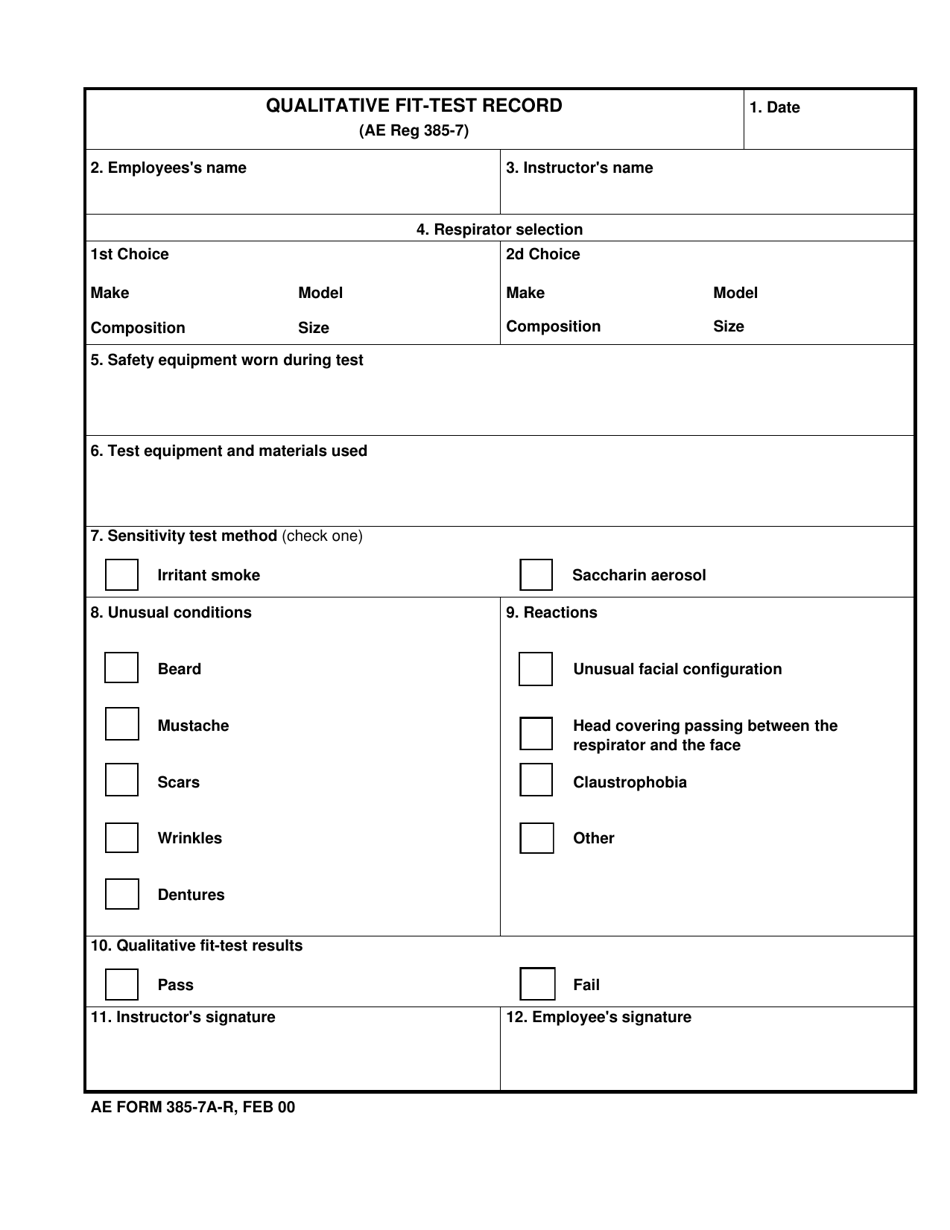 AE Form 385-7A-R Qualitative Fit-Test Record, Page 1