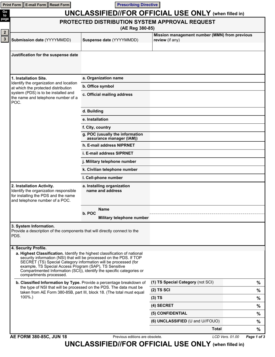 AE Form 380-85C Protected Distribution System Approval Request, Page 1