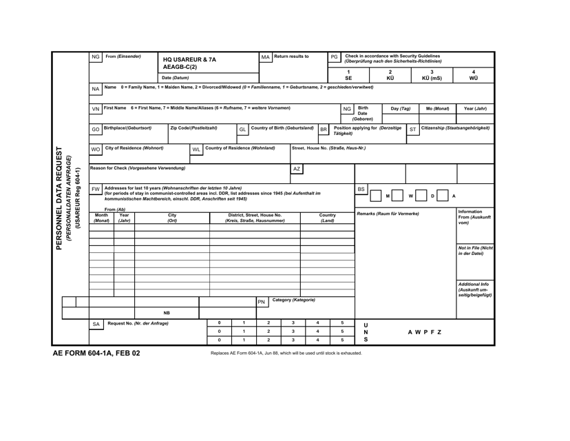 AE Form 604-1A Personnel Data Request (English/German)