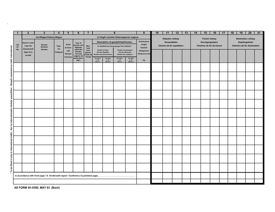 AE Form 55-355D Railcar Manifest for Dispatching Complete Trains or Groups of Cars With One Freight Warrant (English / French / German), Page 2