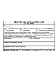 Document preview: AE Form 190-16B Receipt for Confiscated Id Card