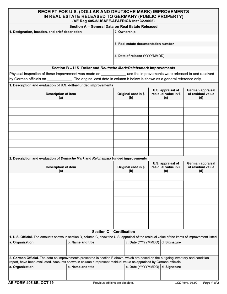 AE Form 405-8B Receipt for U.S. (Dollar and Deutsche Mark) Improvements in Real Estate Released to Germany (Public Property), Page 1