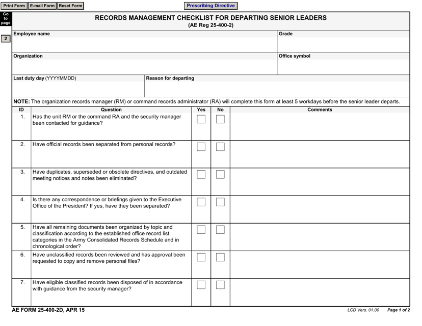 Ae Form 25 400 2d Download Fillable Pdf Or Fill Online Records Management Checklist For Departing Senior Leaders Templateroller