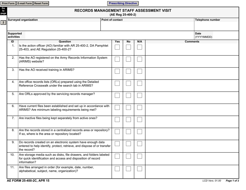 AE Form 25-400-2C Records Management Staff Assessment Visit