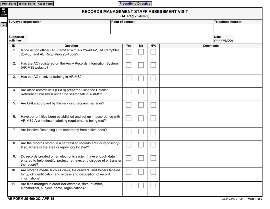 AE Form 25-400-2C Records Management Staff Assessment Visit, Page 1
