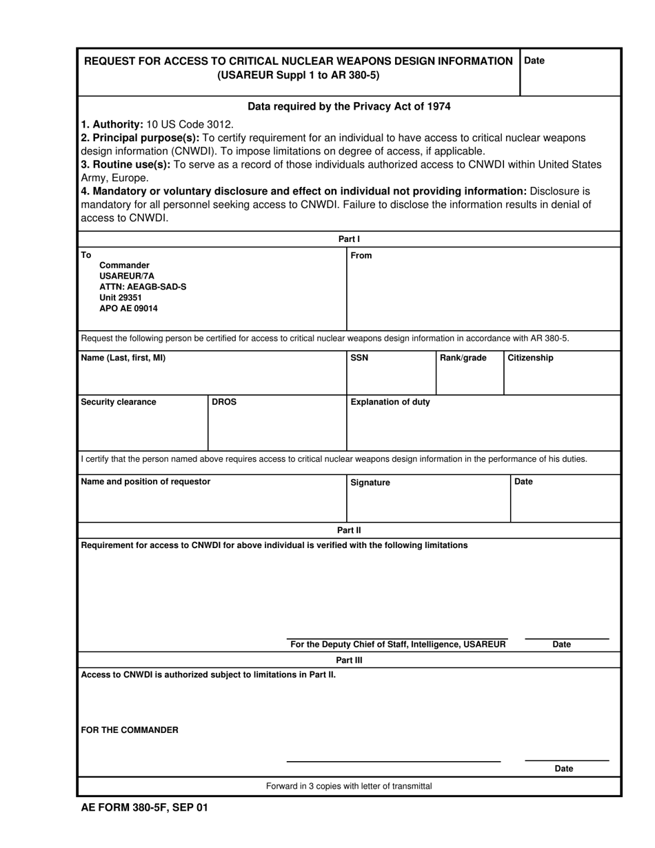 AE Form 380-5F Request for Access to Critical Nuclear Weapons Design Information, Page 1