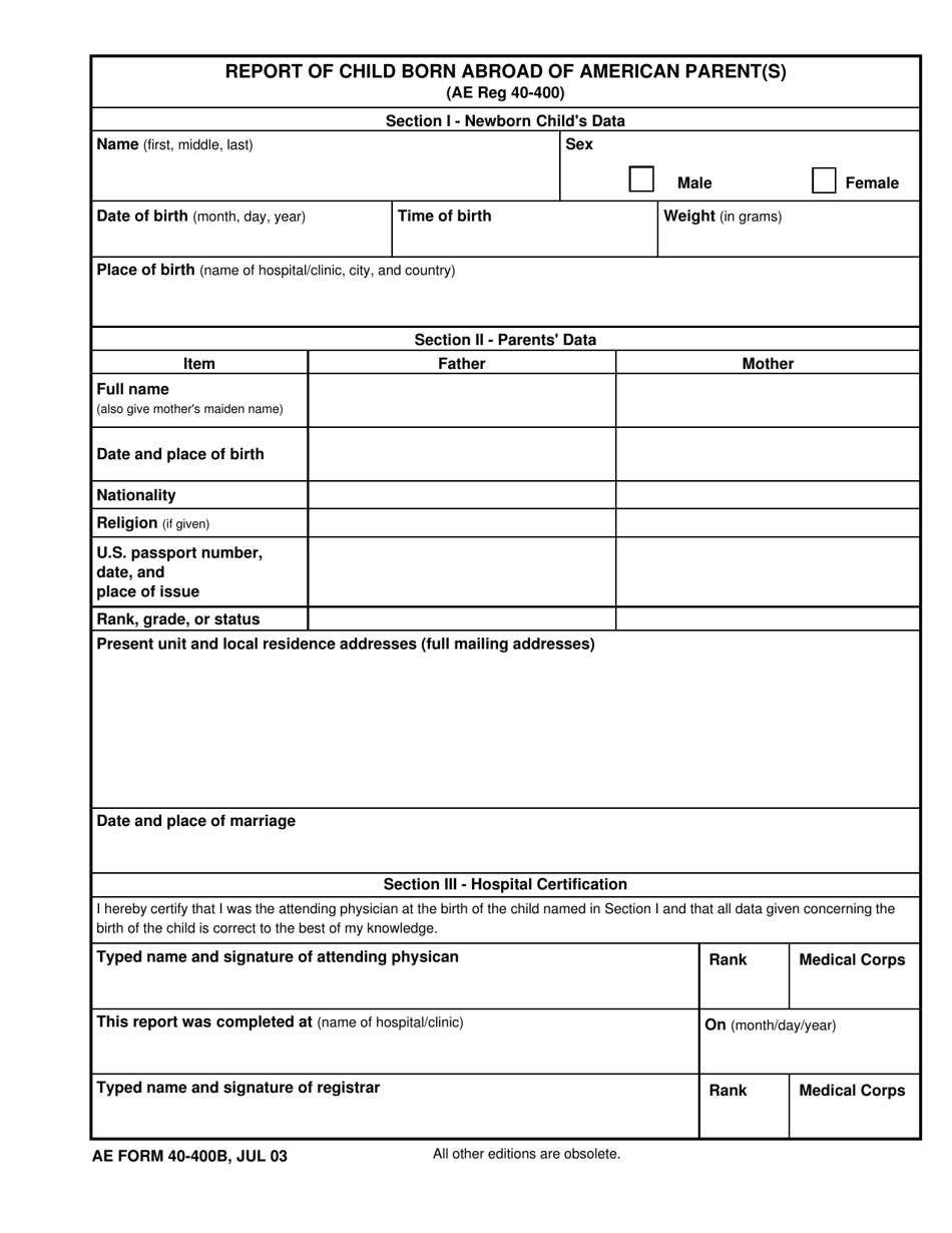 AE Form 40-400B Report of Child Born Abroad of American Parent(S), Page 1