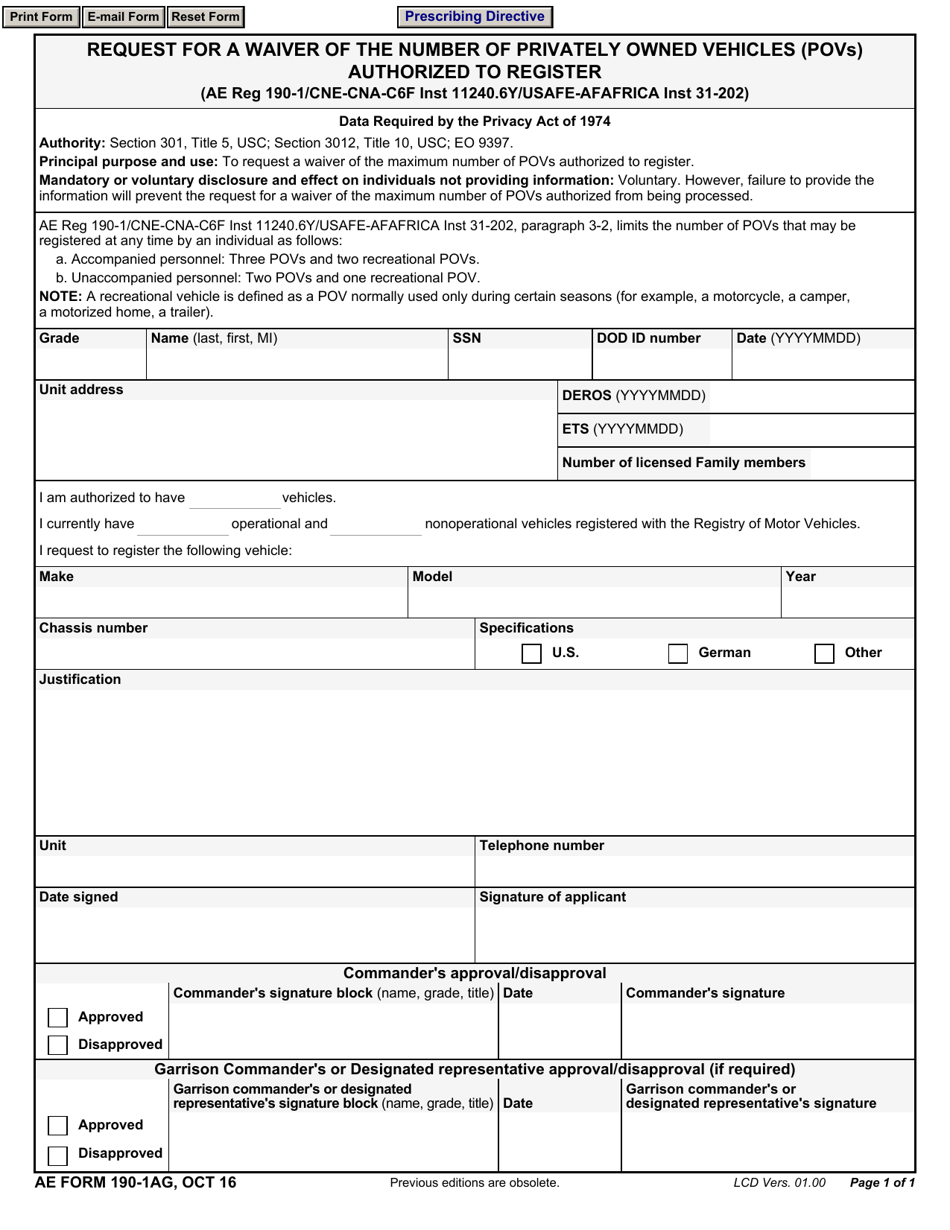 AE Form 190-1AG Request for a Waiver of the Number of Privately Owned Vehicles (Povs) Authorized to Register, Page 1