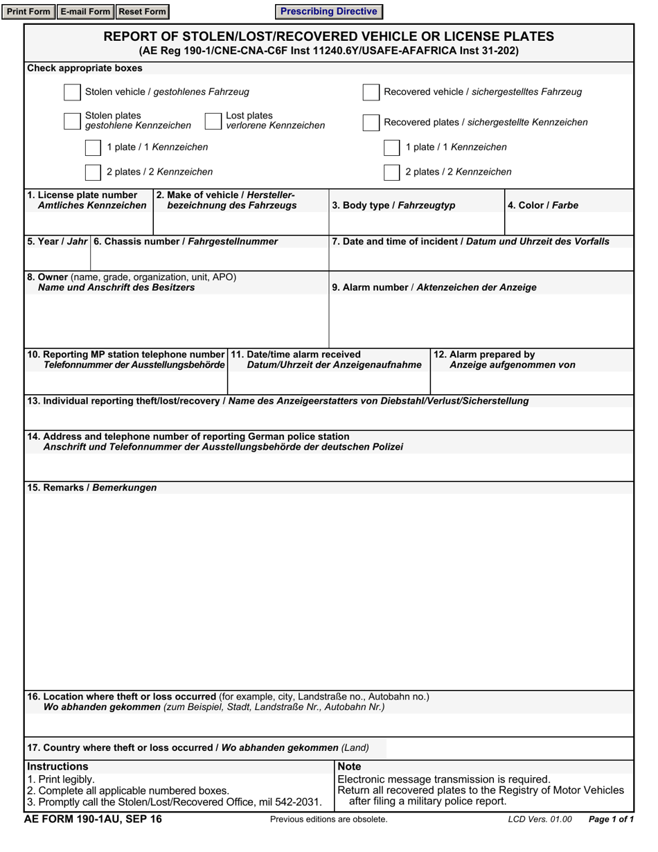 AE Form 190-1AU Report of Stolen / Lost / Recovered Vehicle or License Plates (English / German), Page 1