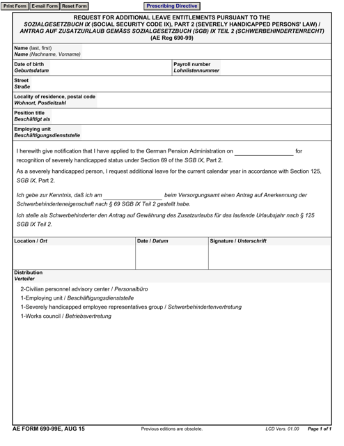 AE Form 690-99E Request for Additional Leave Entitlements Pursuant to the Sozialgesetzbuch IX (Social Security Code IX) Part 2 (Severely Handicapped Persons' Law) (English/German)