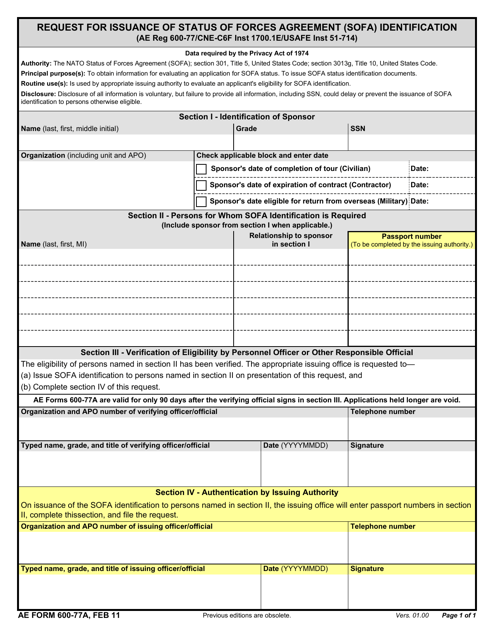 Ae Form 600 77a Download Fillable Pdf Or Fill Online Request For Issuance Of Status Of Forces Agreement Sofa Identification Templateroller