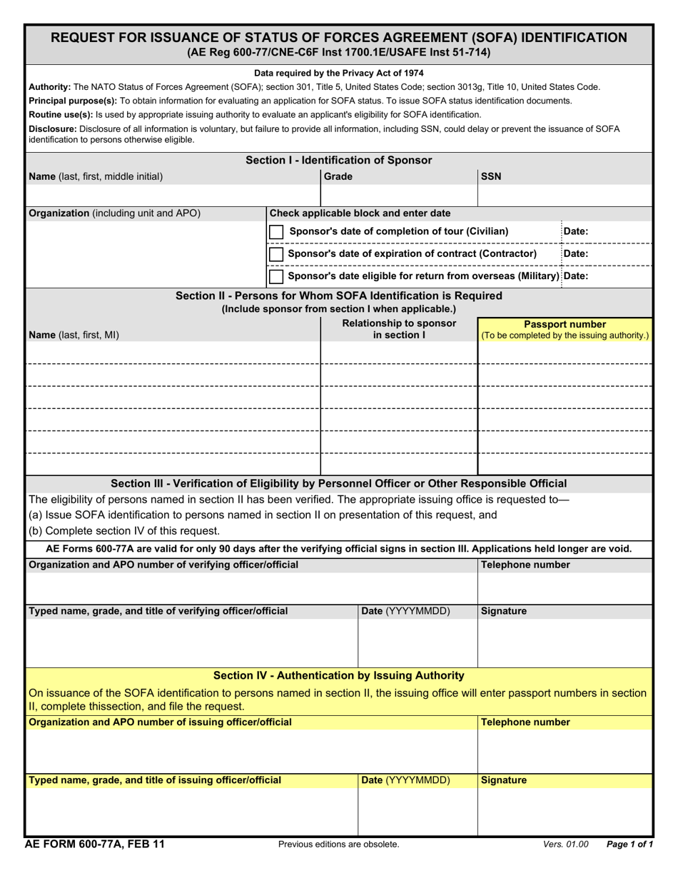 AE Form 600-77A Request for Issuance of Status of Forces Agreement (Sofa) Identification, Page 1