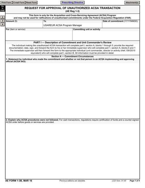 AE Form 1-3B Request for Approval of Unauthorized Acsa Transaction