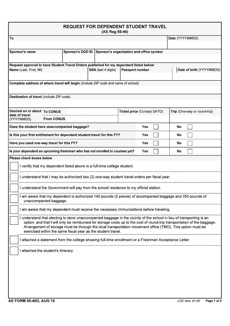 AE Form 55-46D Request for Dependent Student Travel, Page 1