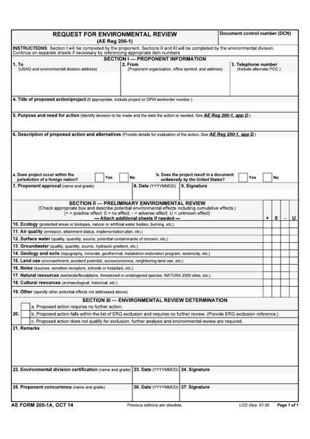 AE Form 200-1A Request for Environmental Review