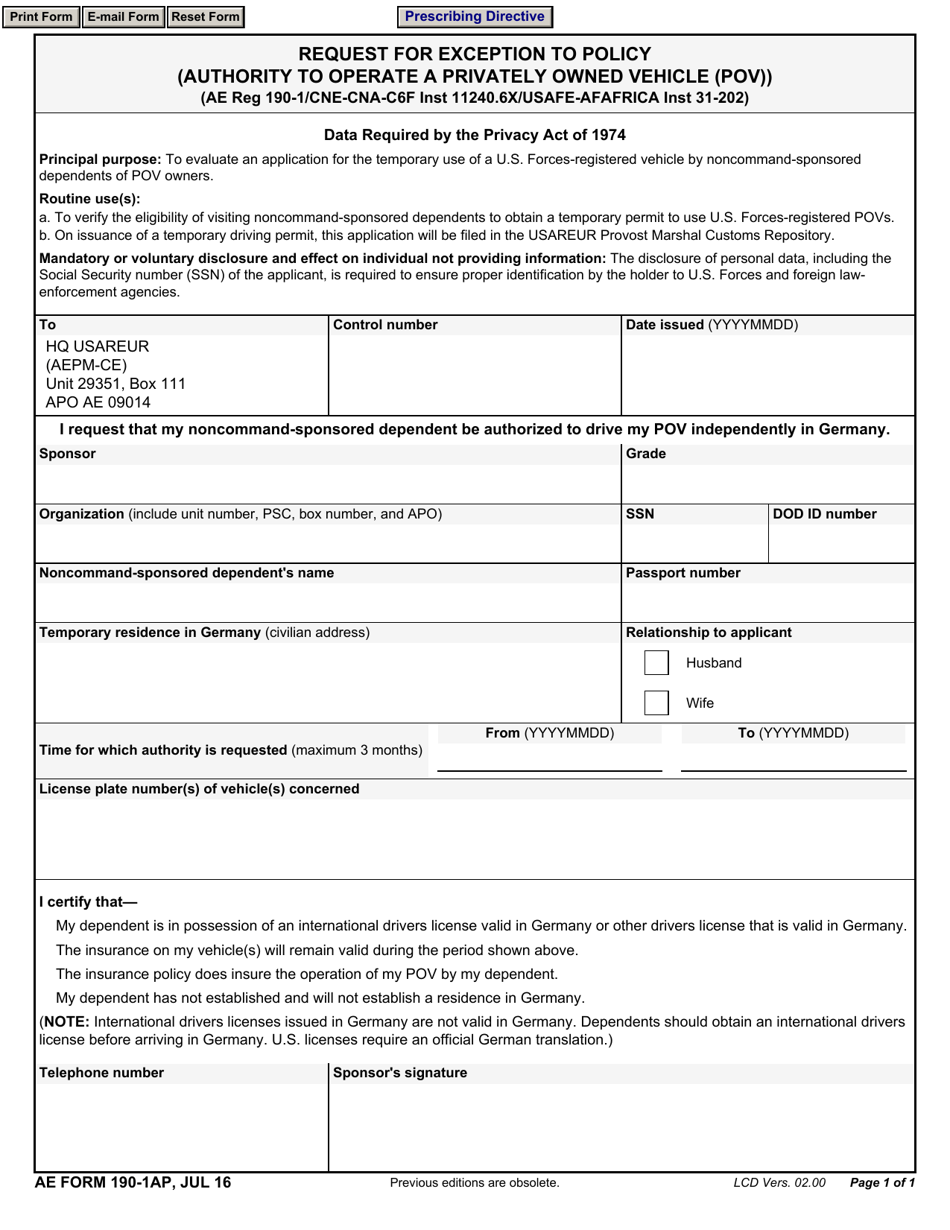 AE Form 190-1AP Request for Exception to Policy (Authority to Operate a Privately Owned Vehicle (Pov)), Page 1