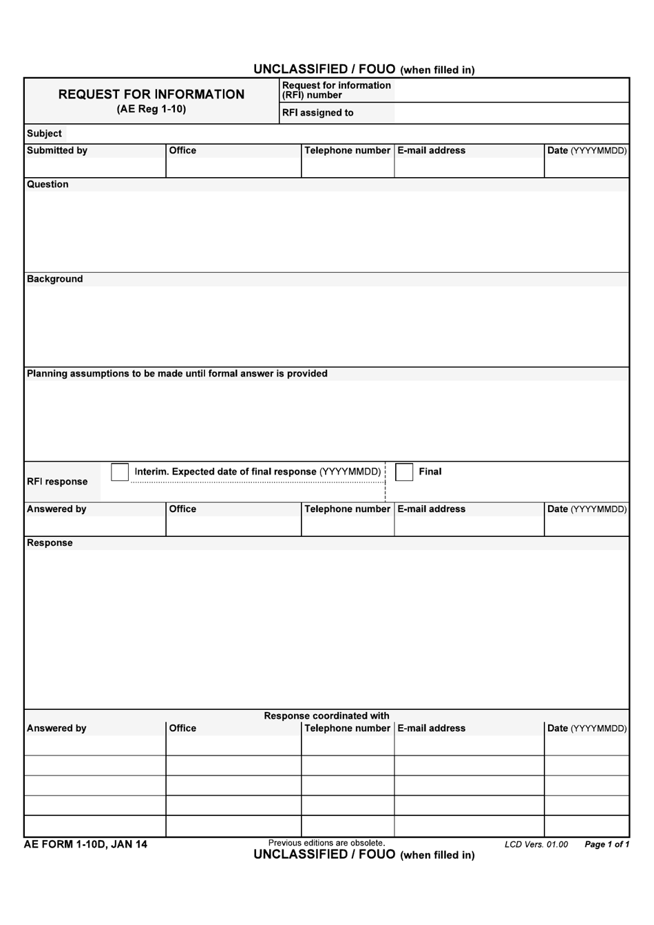 AE Form 1-10D Request for Information, Page 1
