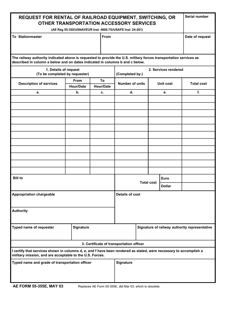 AE Form 55-355E Request for Rental of Railroad Equipment, Switching, or Other Transportation Accessory Services, Page 1