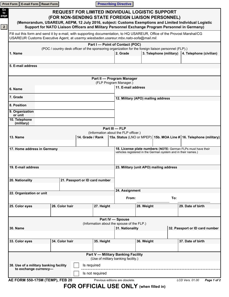 AE Form 550-175M Request for Limited Individual Logistic Support (For Non-sending State Foreign Liaison Personnel), Page 1