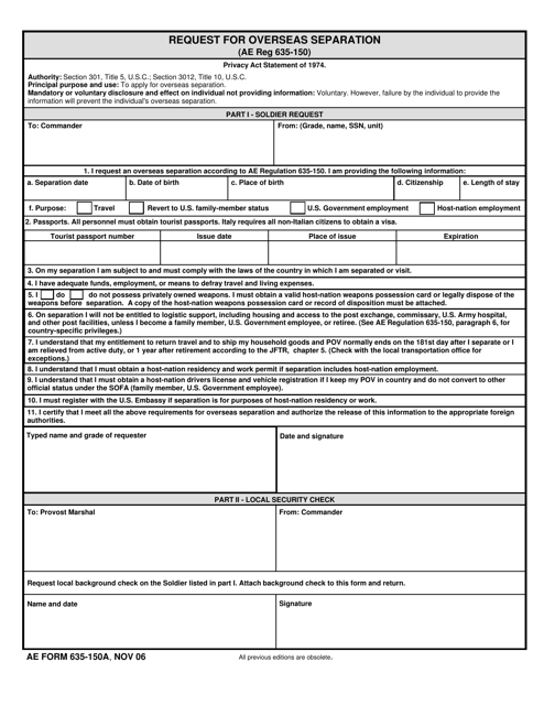 AE Form 635-150A Request for Overseas Separation