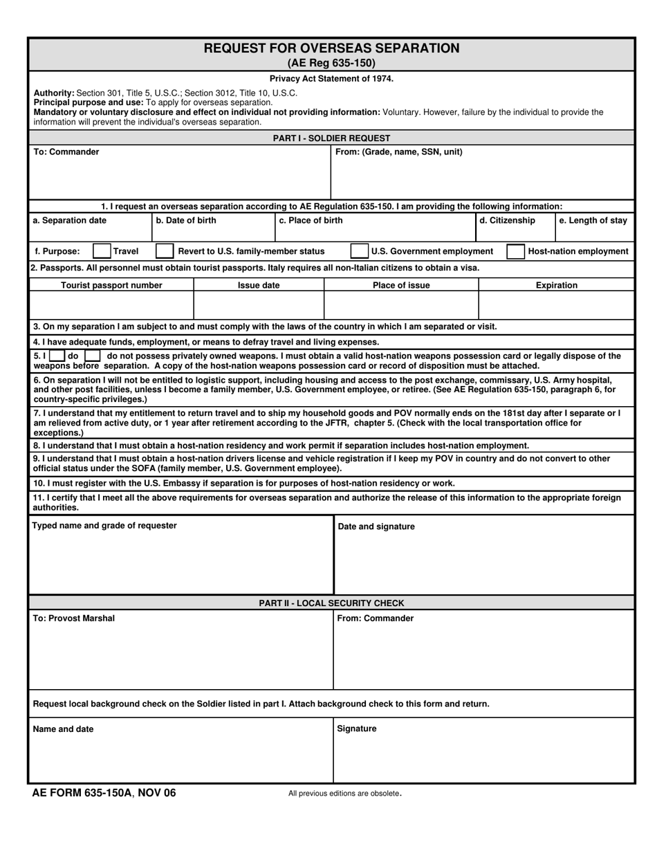 AE Form 635-150A Request for Overseas Separation, Page 1