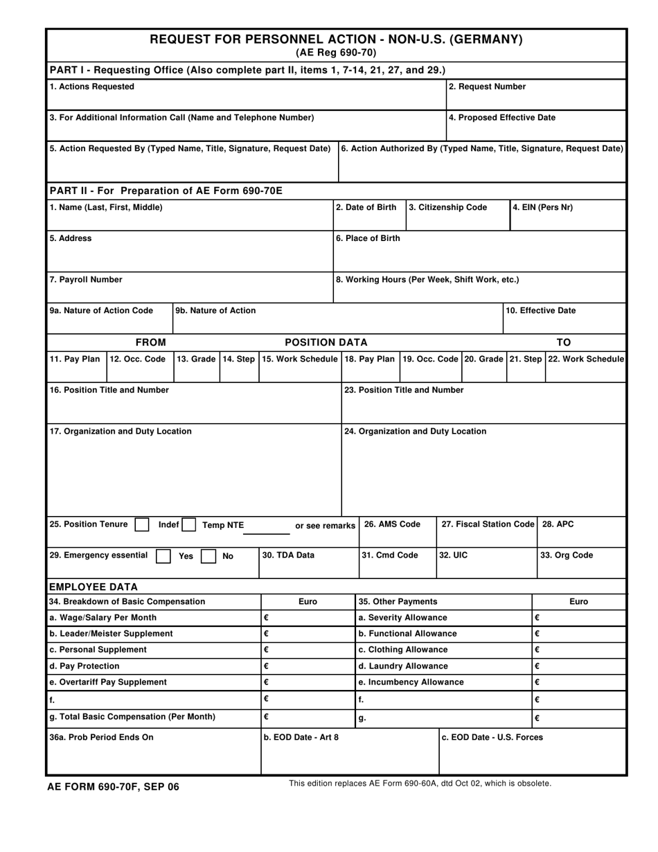 AE Form 690-70F Request for Local National Personnel Action (Germany), Page 1