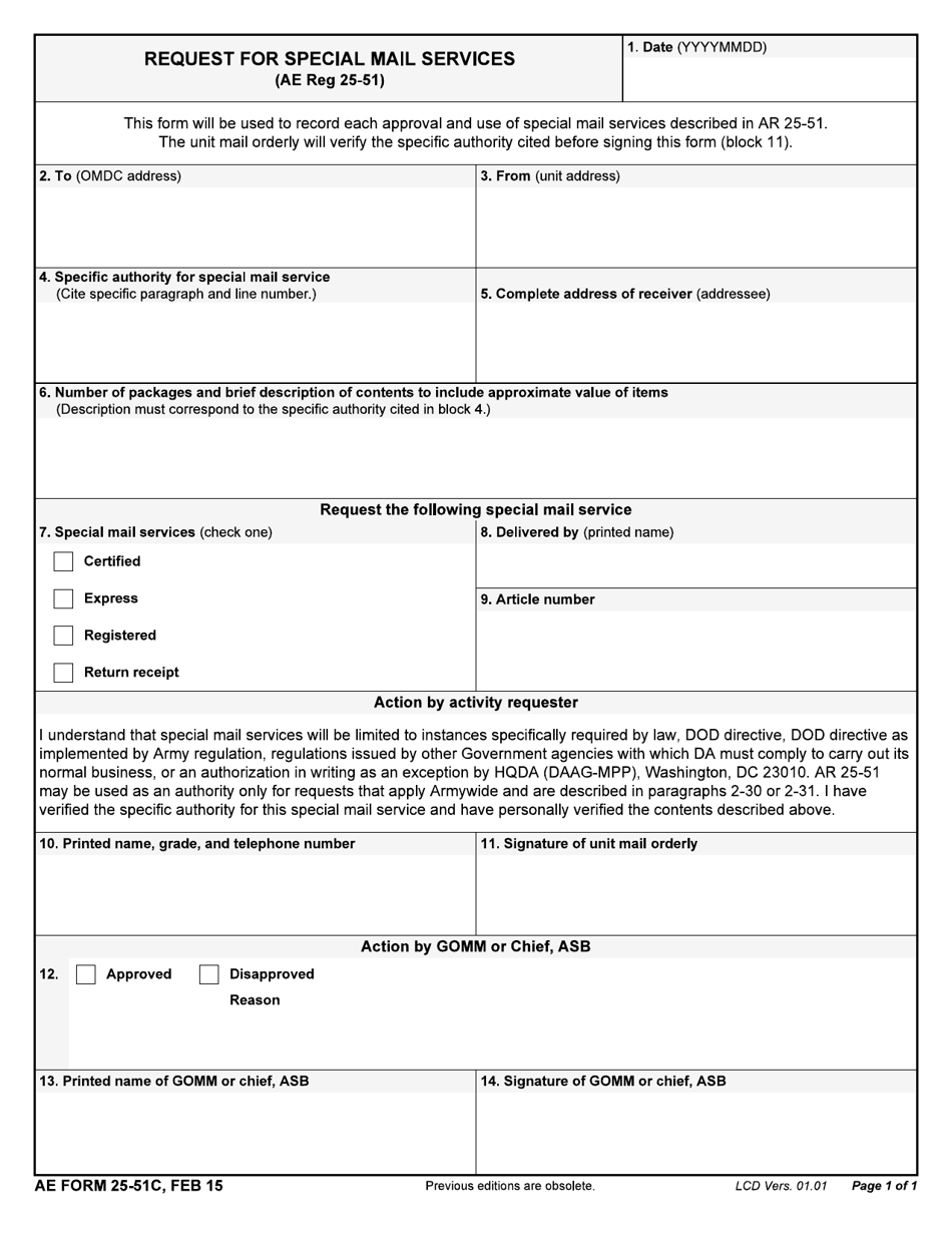 AE Form 25-51C Request for Special Mail Services, Page 1