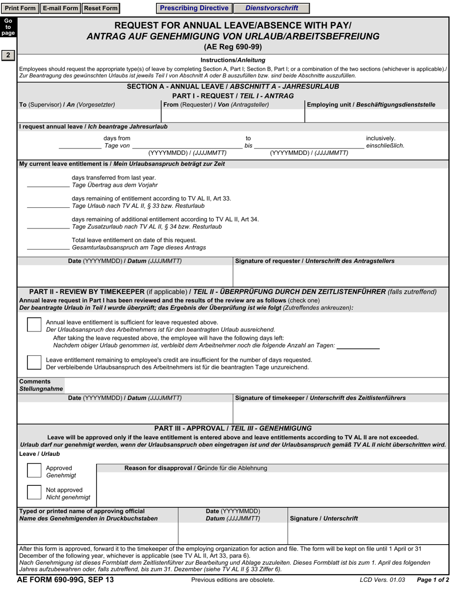 AE Form 690-99G Request for Annual Leave / Absence With Pay (English / German), Page 1
