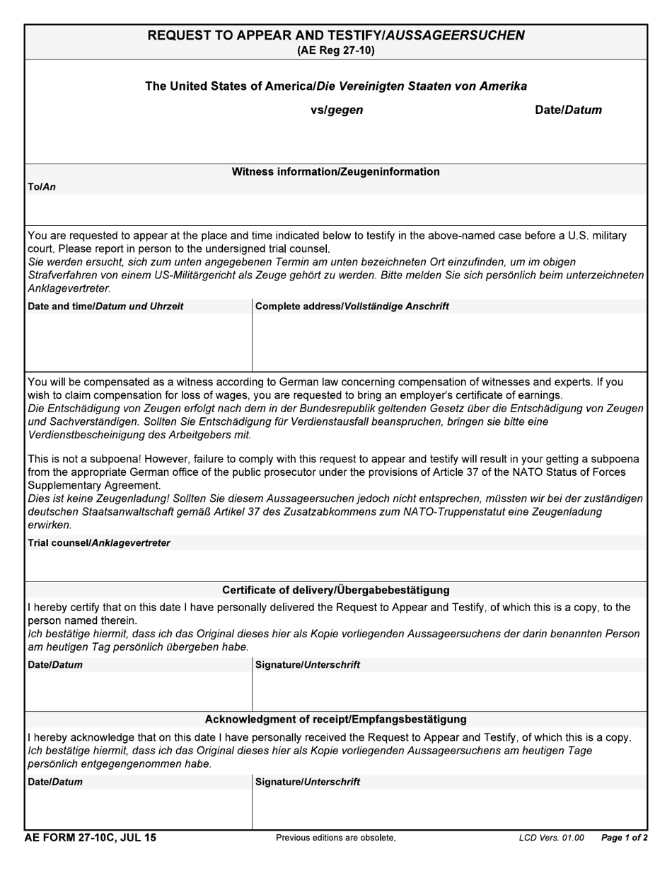 AE Form 27-10C Request to Appear and Testify (English / German), Page 1