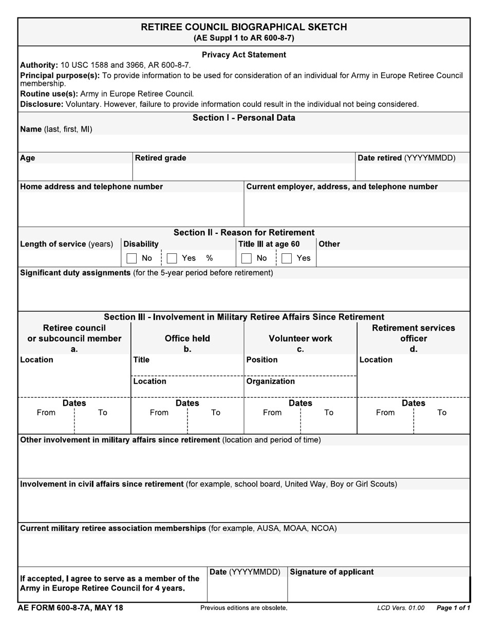 AE Form 600-8-7A Retiree Council Biographical Sketch, Page 1
