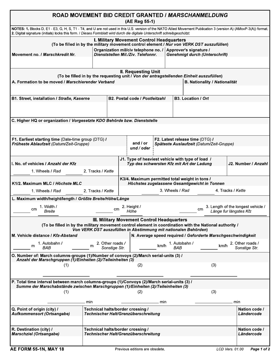 AE Form 55-1N Road Movement Bid Credit Granted (English / German), Page 1