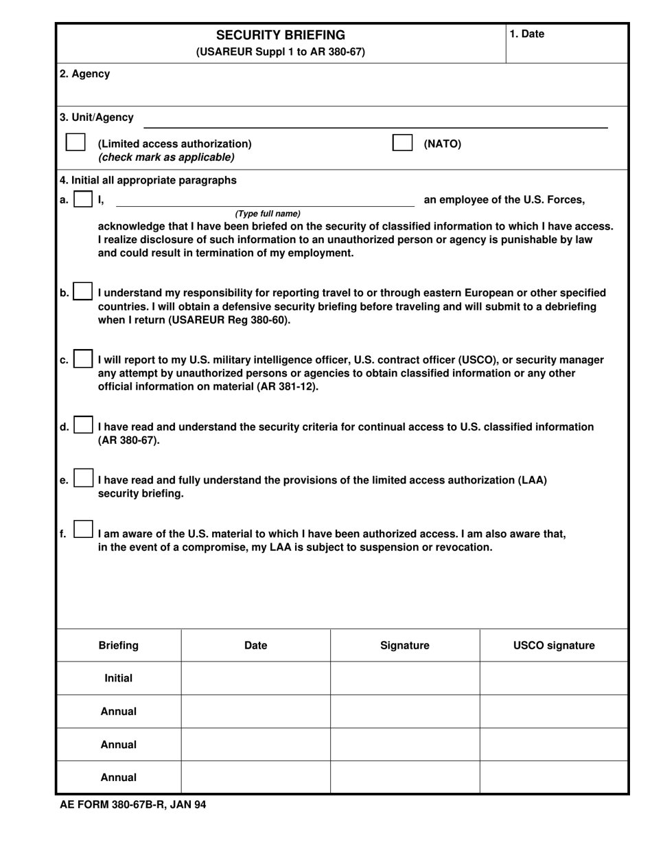 AE Form 380-67B-R Security Briefing, Page 1