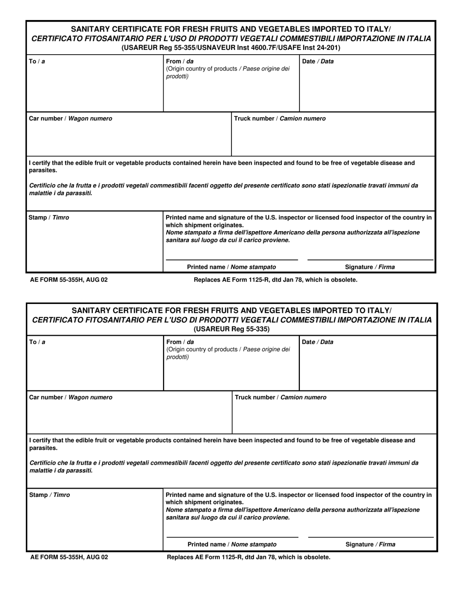 AE Form 55-355H Sanitary Certificate for Fresh Fruits and Vegetables Imported to Italy (English / Italian), Page 1