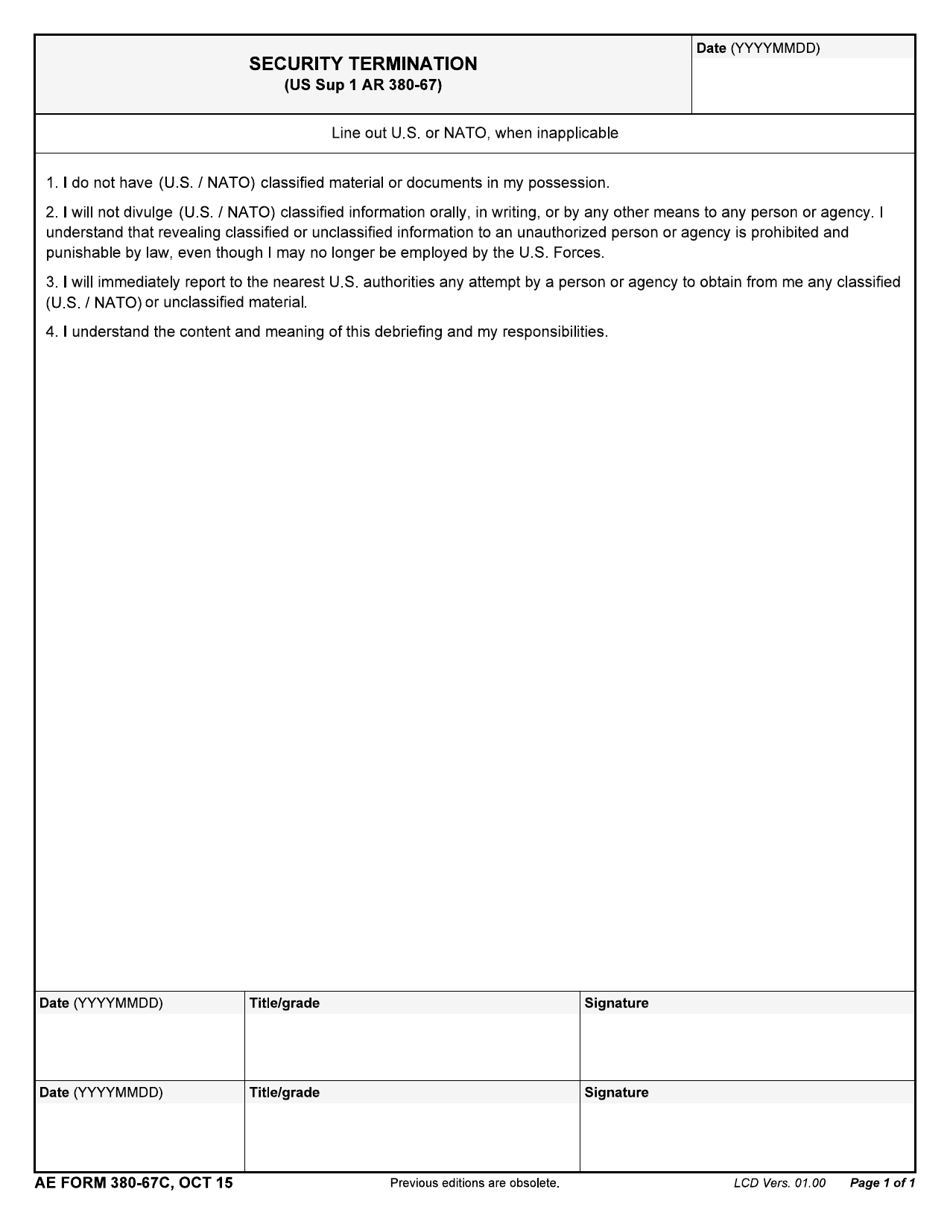 AE Form 380-67C Security Termination, Page 1
