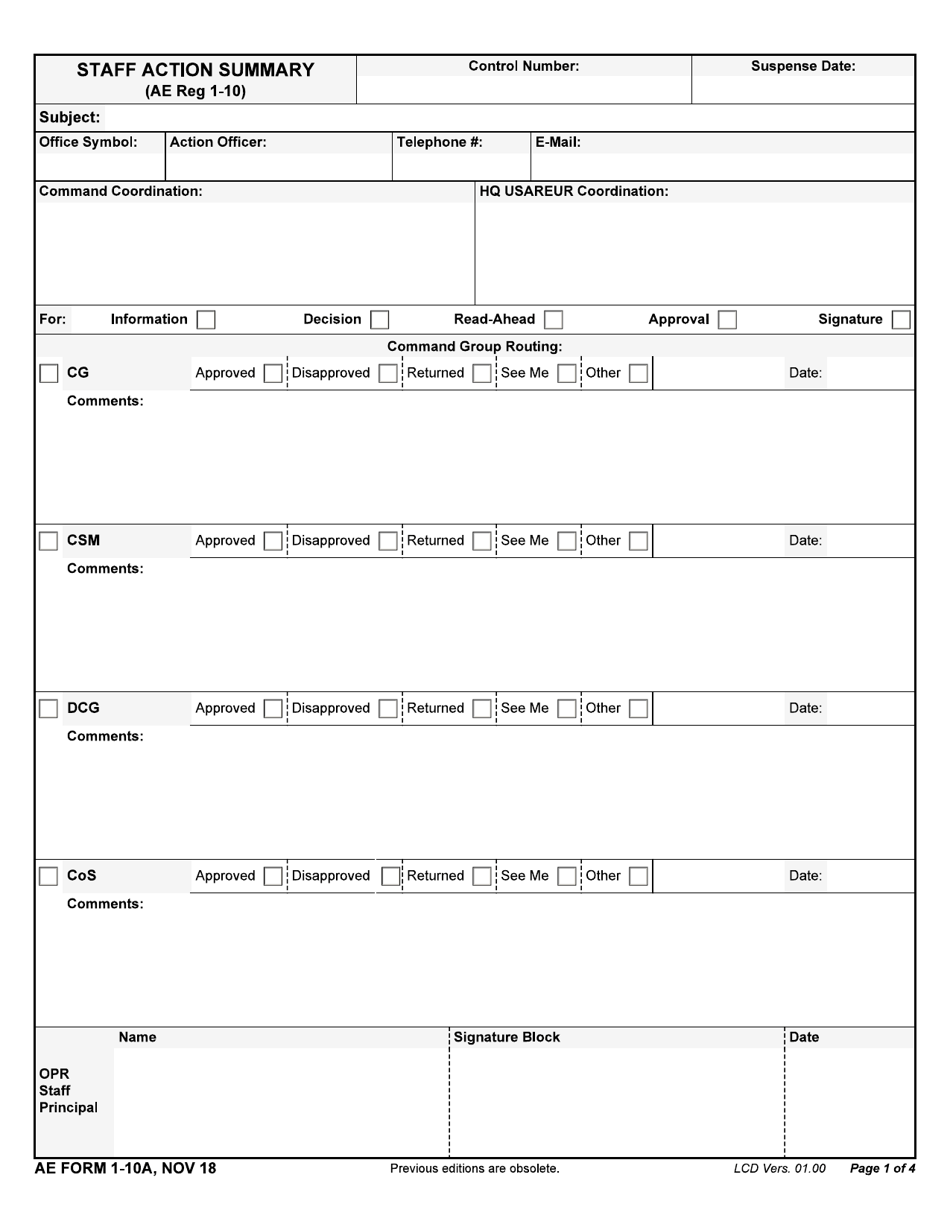 AE Form 1-10A Staff-Action Summary, Page 1
