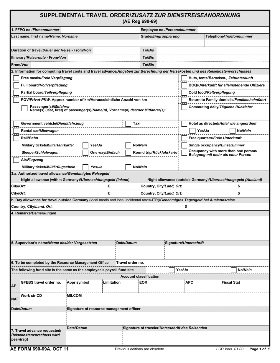 AE Form 690-69A Supplemental Travel Order (English / German), Page 1
