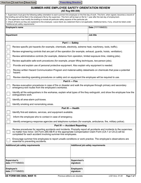 AER Form 690-308A Summer-Hire Employee Safety Orientation Review