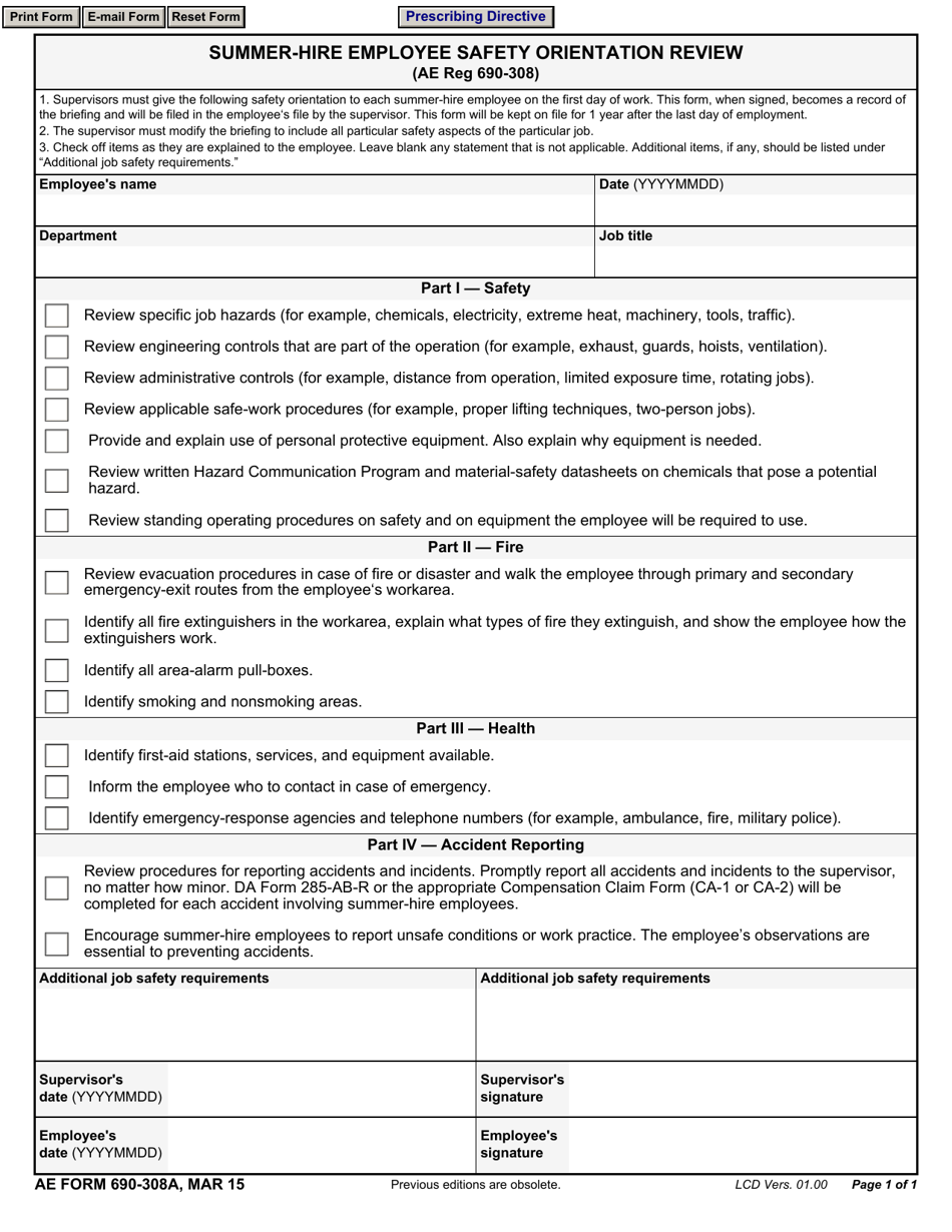AER Form 690-308A Summer-Hire Employee Safety Orientation Review, Page 1