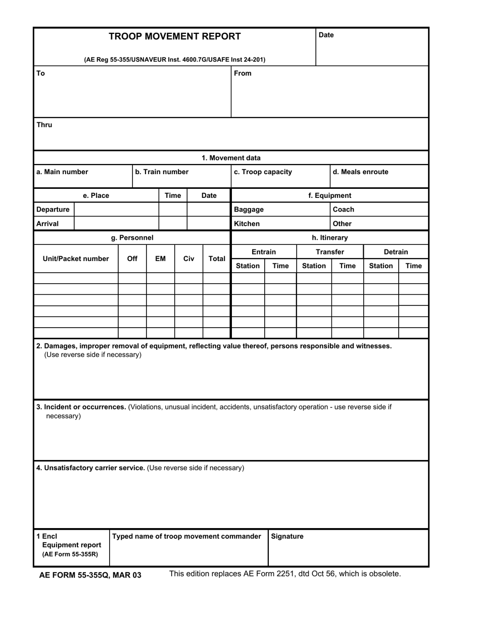 AE Form 55-355Q Troop Movement Report, Page 1