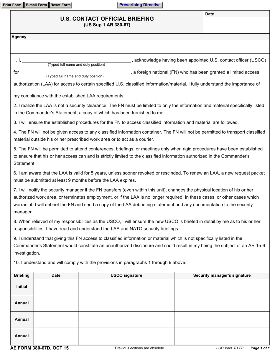 AE Form 380-67D U.S. Contact Official Briefing, Page 1