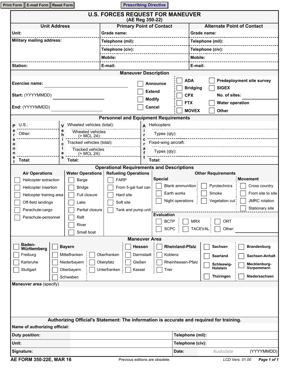 AE Form 350-22E U.s Forces Request for Maneuver, Page 1