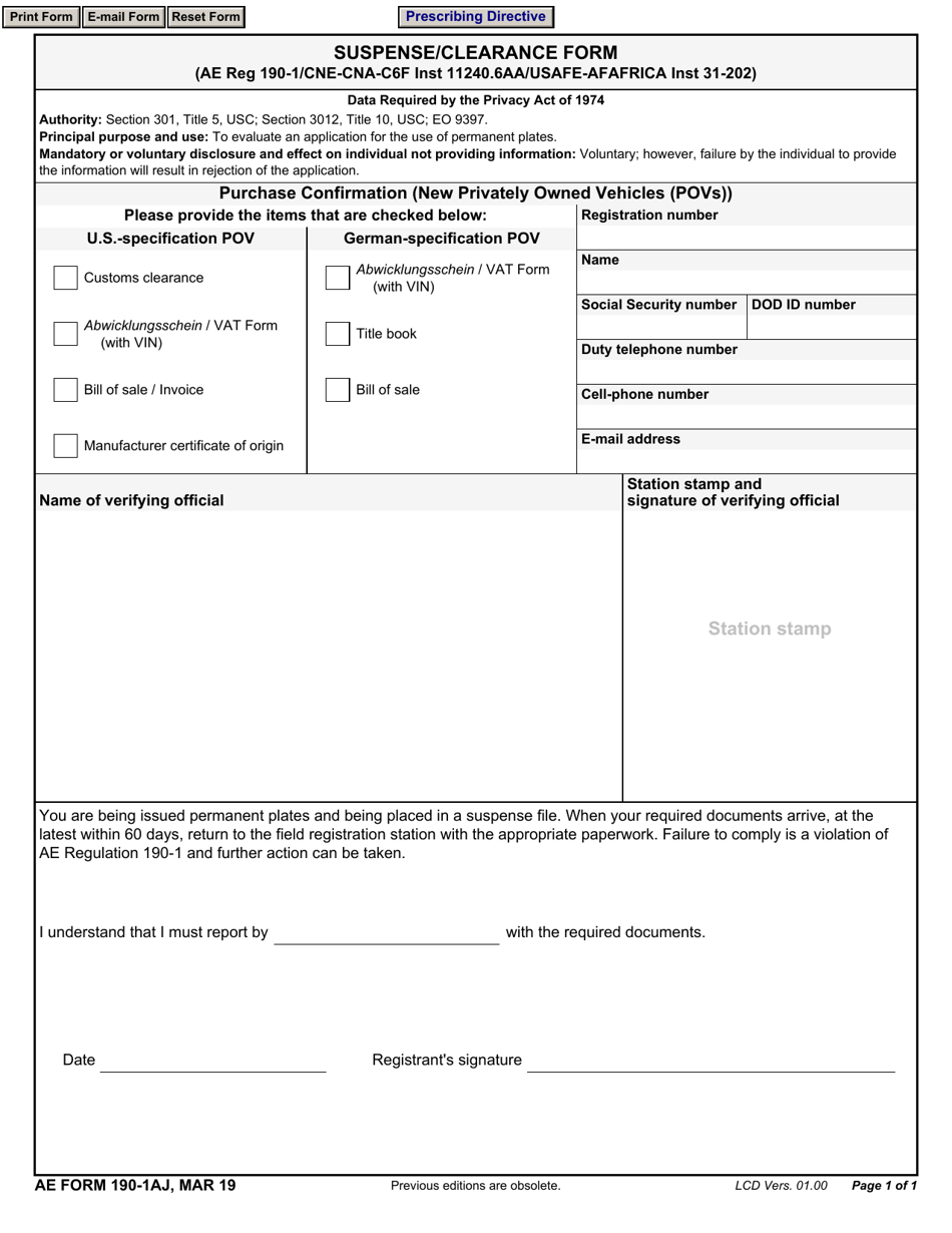 AE Form 190-1AJ Suspense / Clearance Form, Page 1