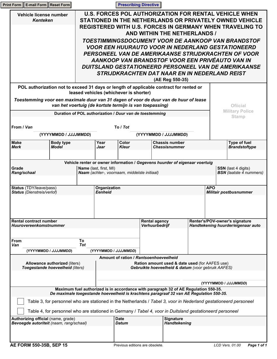 AE Form 550-35B U.S. Forces Pol Authorization for Rental Vehicle When Stationed in the Netherlands or Privately Owned Vehicle Registered With U.S. Forces in Germany When Traveling to and Within the Netherlands (English / German), Page 1