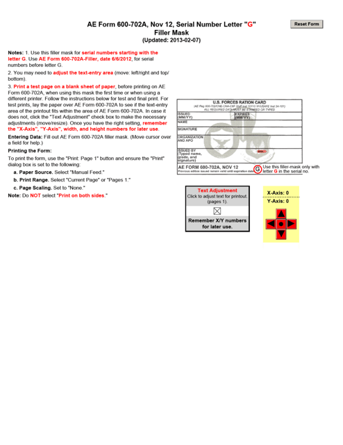 AE Form 600-702A(LETTERG)-FILLER U.S. Forces Ration Card (Letter G) - Filler Mask
