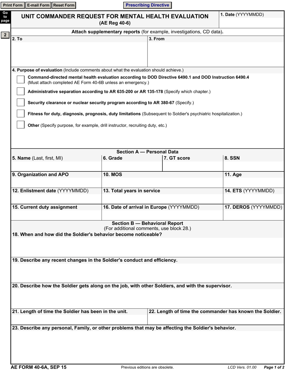 AE Form 40-6A Unit Commander Request for Mental Health Evaluation, Page 1