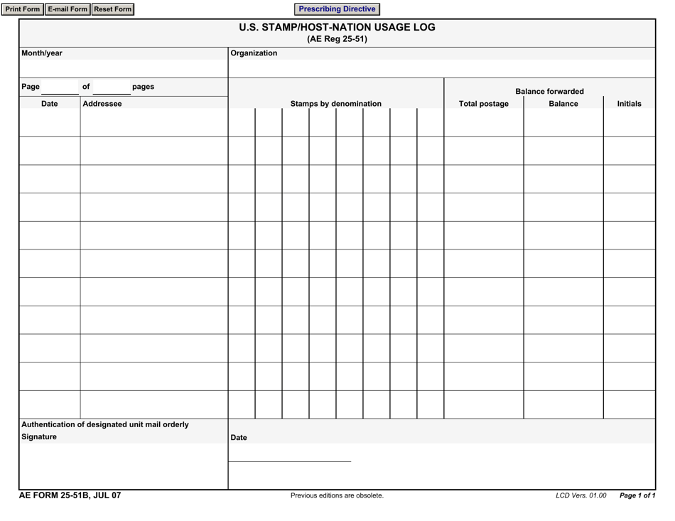 Ae Form 25 51b Download Fillable Pdf Or Fill Online U S Stamp Host Nation Usage Log Templateroller