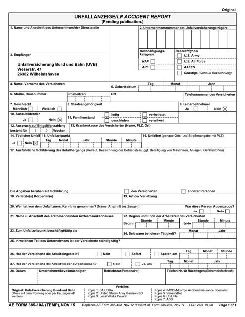 AE Form 385-10A (TEMP) Ln Accident Report (English/German)